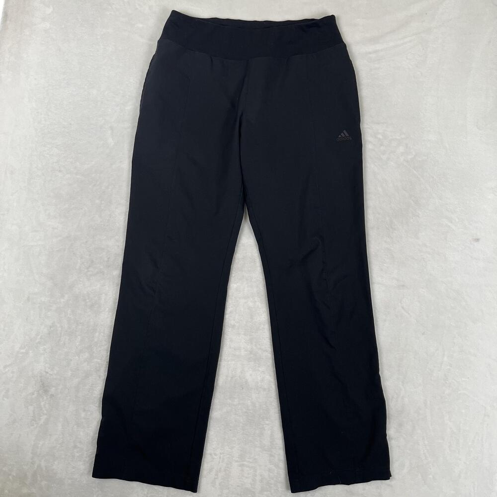 Adidas Track Pants Womens M Black Straight Leg Elastic Waist Slit Hem Athletic